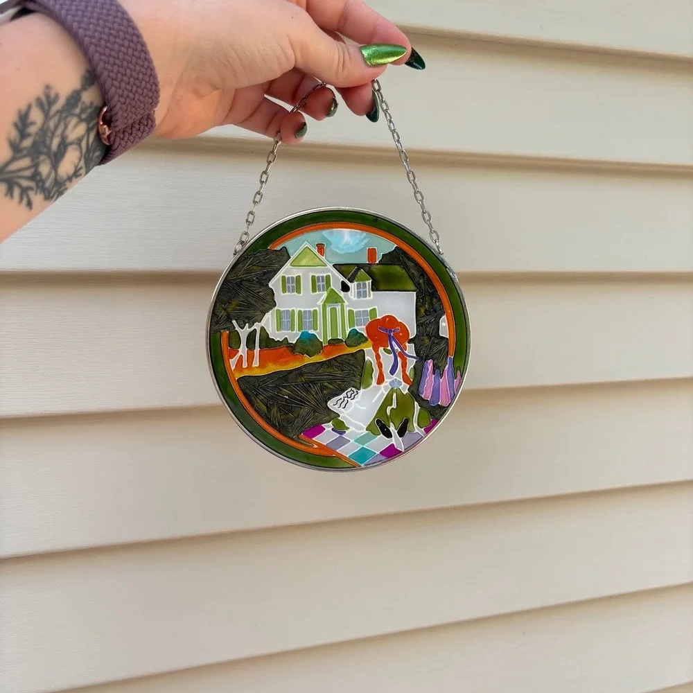 Vintage Stained Glass Suncatcher Farmhouse Girl in Red Hat Window Hanging 5.5
